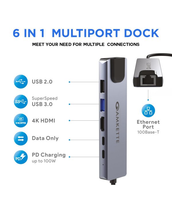 AMKETTE TYPEC 6IN1 HUB WITH ETHERNET 430PP