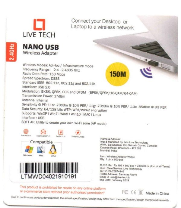 LIVE TECH WIRELESS USB ADAPTER N150 WD04