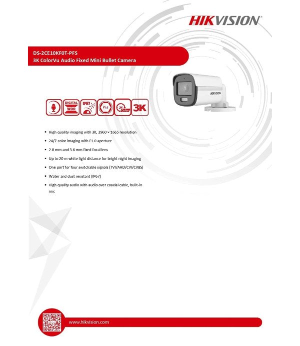 HIKVISION BULLET CAMERA 3K H-DS-2CE10KF0T-PFS