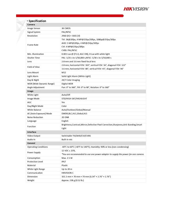 HIKVISION BULLET CAMERA 3K H-DS-2CE10KF0T-PFS
