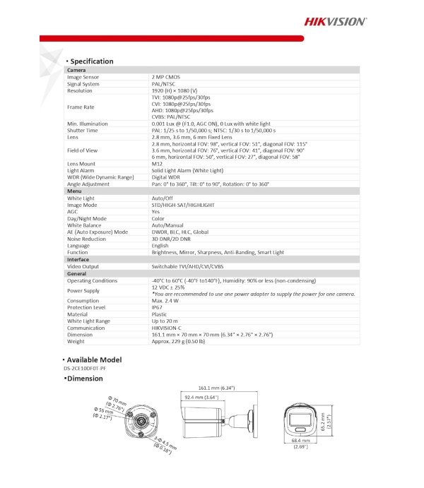 HIKVISION BULLET CAMERA DS2CE10HFT-F 3.6MM