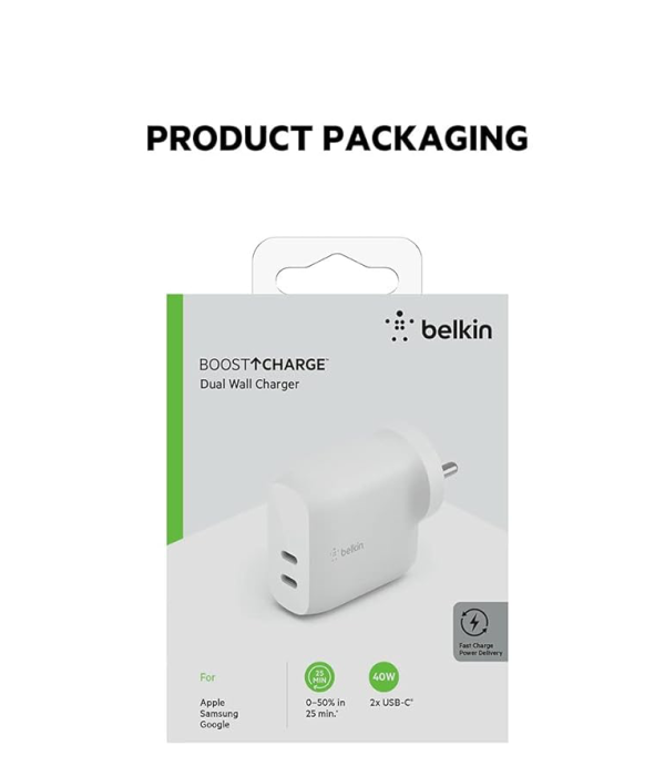 BELKIN DUAL USB C PD WALL CHARGER 40W WCB006ZBW
