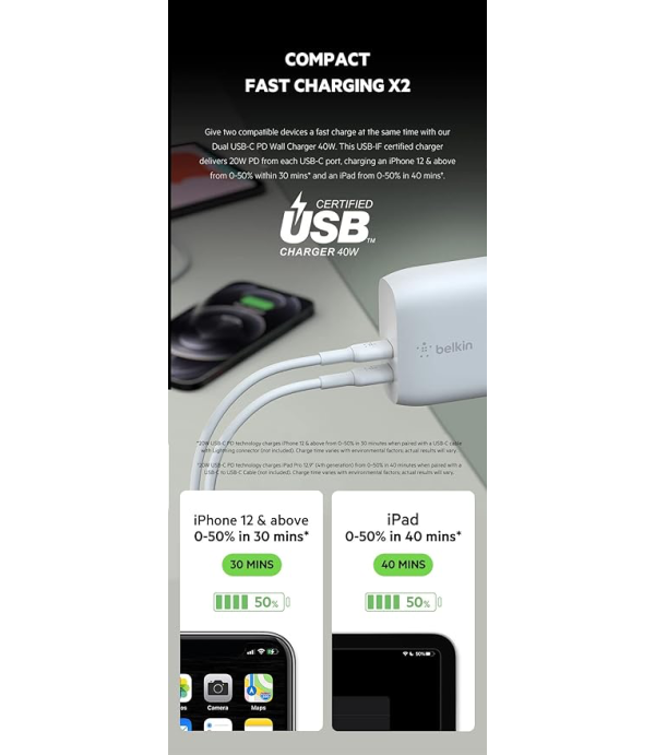 BELKIN DUAL USB C PD WALL CHARGER 40W WCB006ZBW