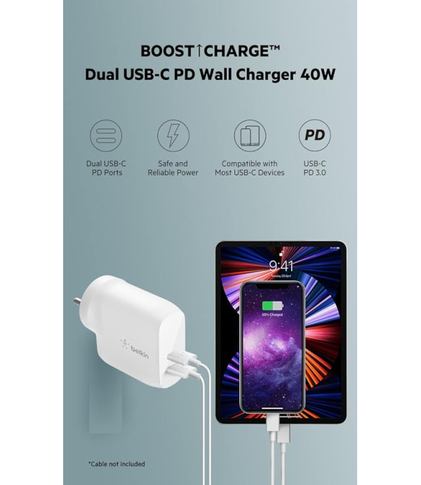 BELKIN DUAL USB C PD WALL CHARGER 40W WCB006ZBW