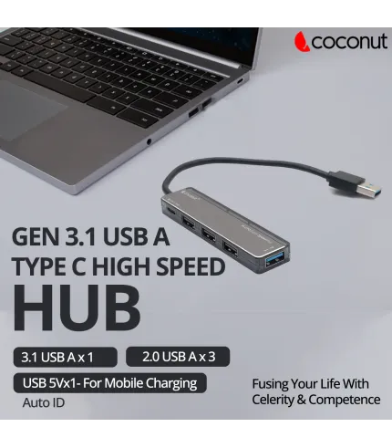 COCONUT 4 PORT HUB 3X USB 2.0+1X USB 3.1+ TYPEC FAST CHARGER UH16