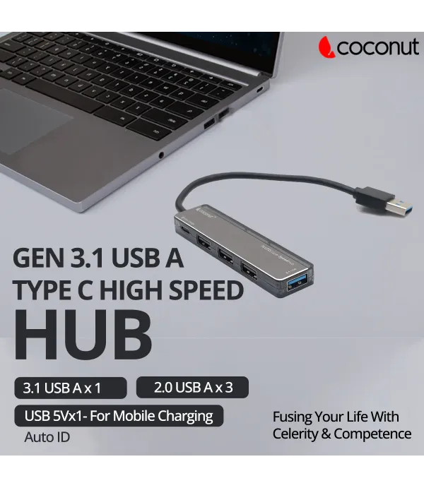 COCONUT 4 PORT HUB 3X USB 2.0+1X USB 3.1+ TYPEC FAST CHARGER UH16