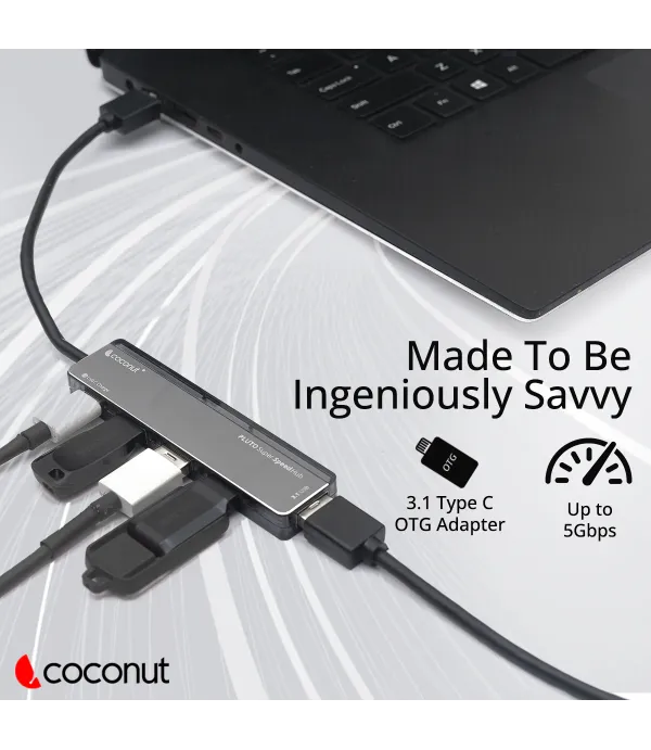 COCONUT 4 PORT HUB 3X USB 2.0+1X USB 3.1+ TYPEC FAST CHARGER UH16