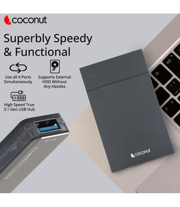 COCONUT 4 PORT HUB 3X USB 2.0+1X USB 3.1+ TYPEC FAST CHARGER UH16
