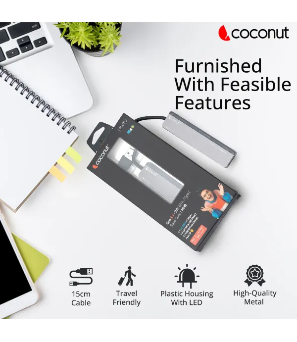 COCONUT 4 PORT HUB 3X USB 2.0+1X USB 3.1+ TYPEC FAST CHARGER UH16