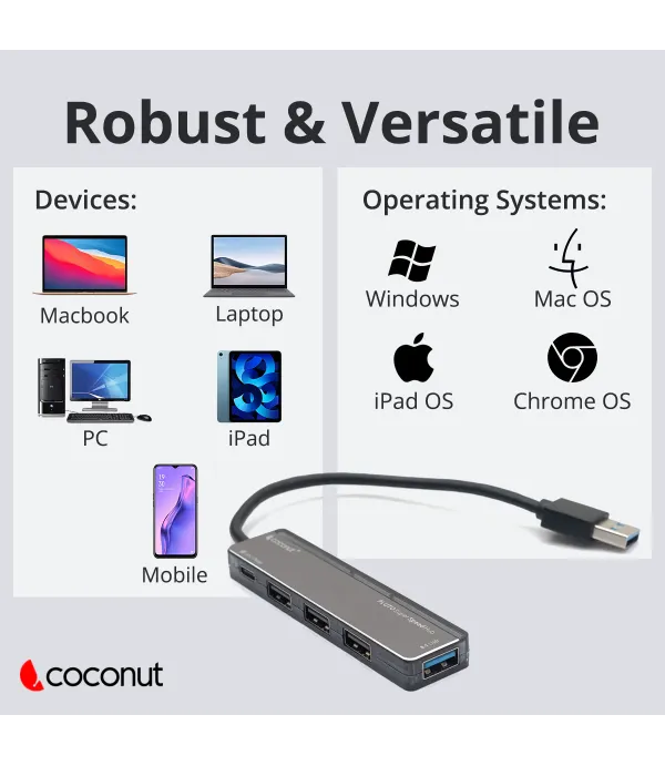 COCONUT 4 PORT HUB 3X USB 2.0+1X USB 3.1+ TYPEC FAST CHARGER UH16