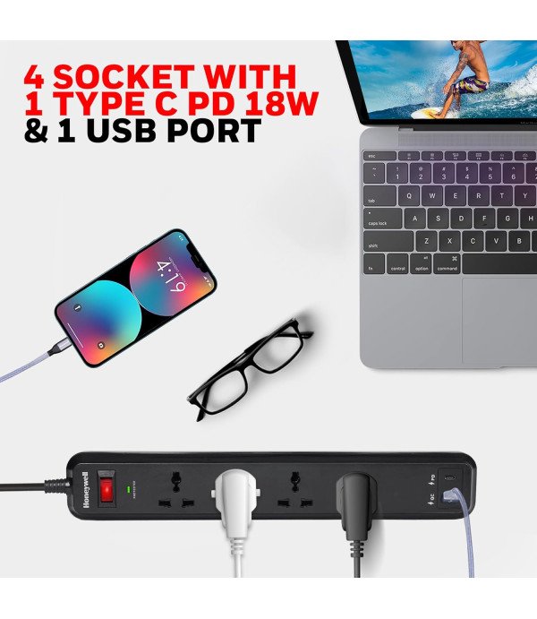 HONEY WELL 4 OUT SURGE PROTECTOR MASTER SWITCH USB PD18W