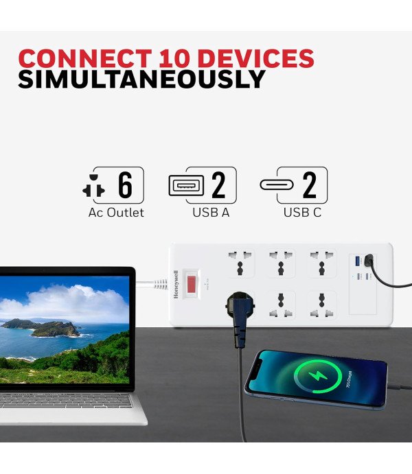 HONEY WELL 6 OUT SURGE PROTECTOR WITH 2 TYPEC WITH PD & 2